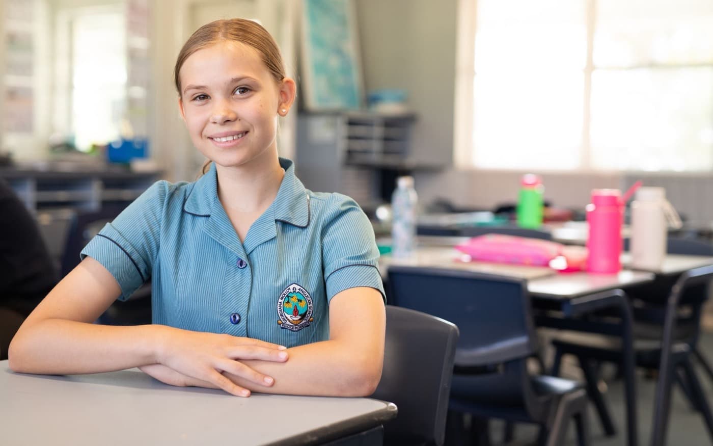 Students in school uniforms with accessories